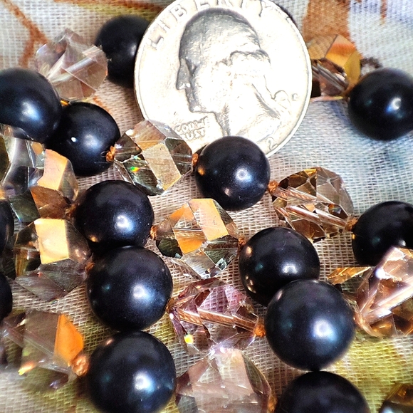 Triple Strand Glass Crystal Smoke Aurora Borealis Vintage Beaded Necklace Black - Picture 10 of 10